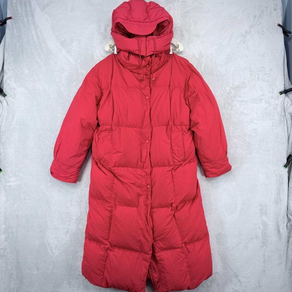 Eddie Bauer Goose Down Puffer Parka Women XL Red Vintage Hooded Full Length Coat